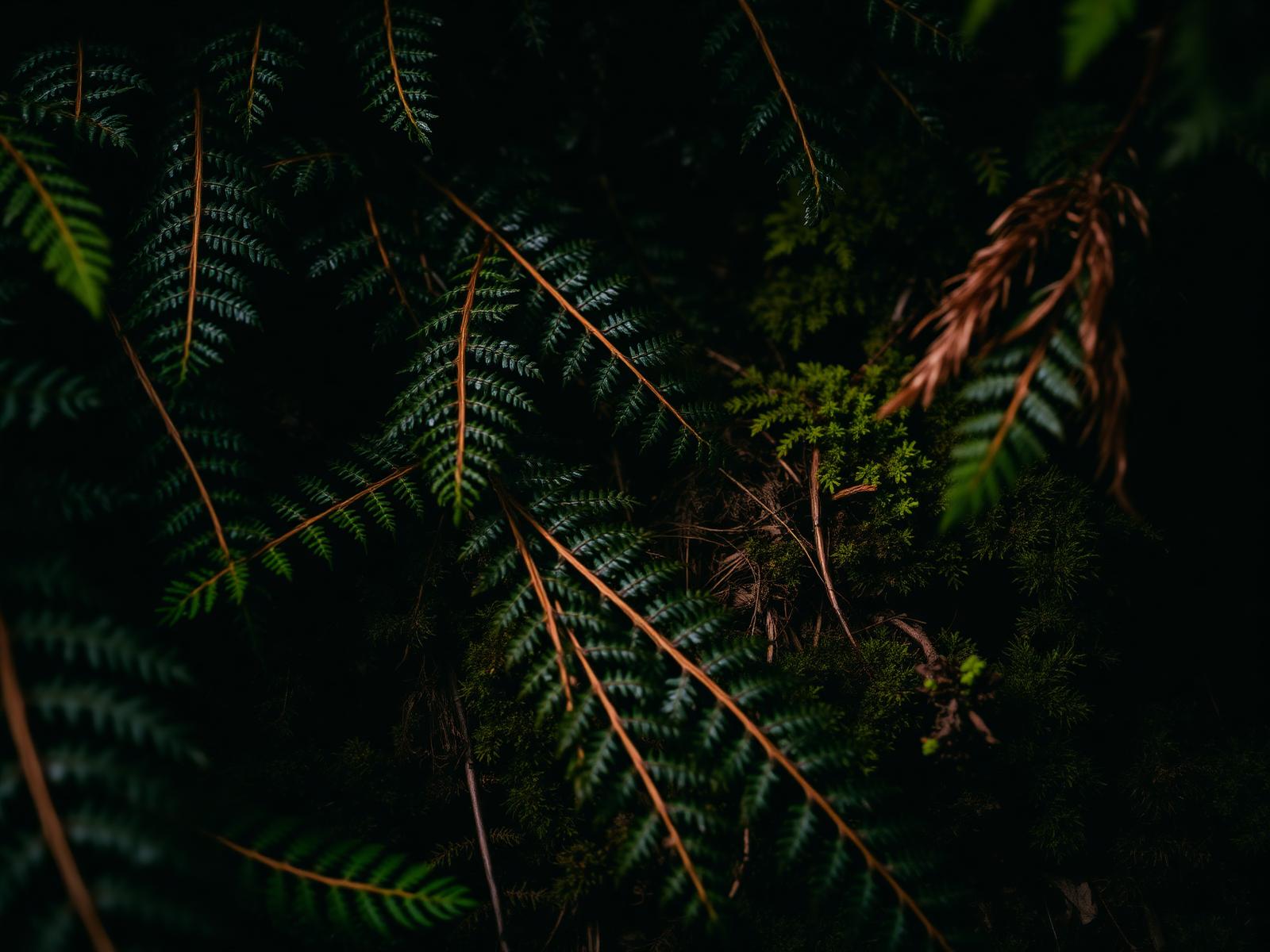 Dark forest foliage in low light